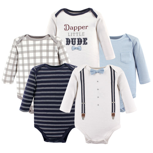 Little Treasure Baby Boy Cotton Long-Sleeve Bodysuits 5 Pack, Dapper Bow Tie