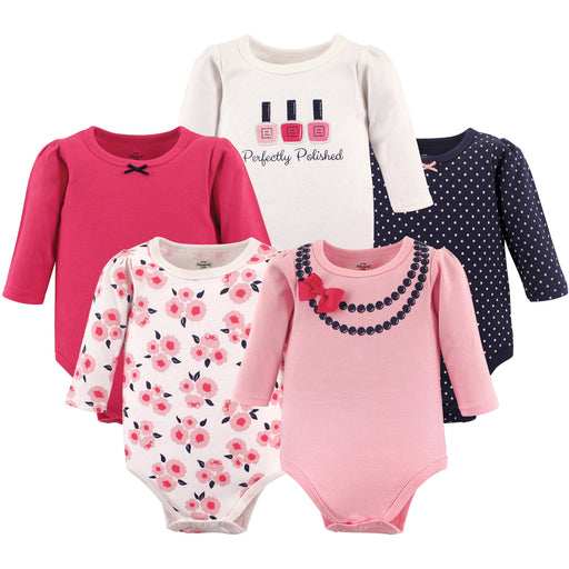 Little Treasure Baby Girl Cotton Long-Sleeve Bodysuits 5-Pack, Bow Necklace