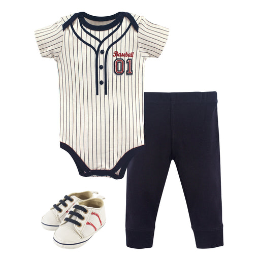 Little Treasure Baby Boy Cotton Bodysuit, Pant and Shoe 3 Piece Set, Baseball