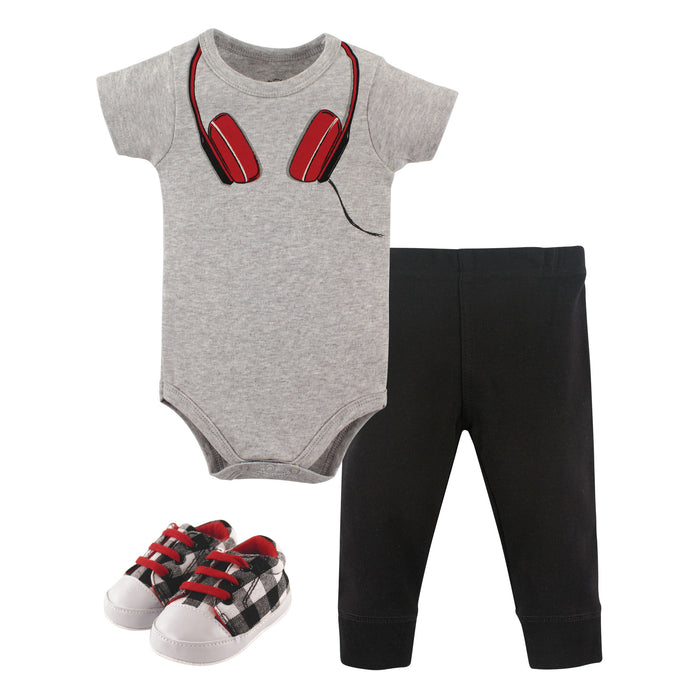 Little Treasure Baby Boy Cotton Bodysuit, Pant and Shoe 3 Piece Set, Headphones