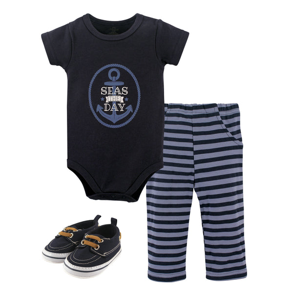 Little Treasure Baby Boy Cotton Bodysuit, Pant and Shoe 3 Piece Set, Seas The Day