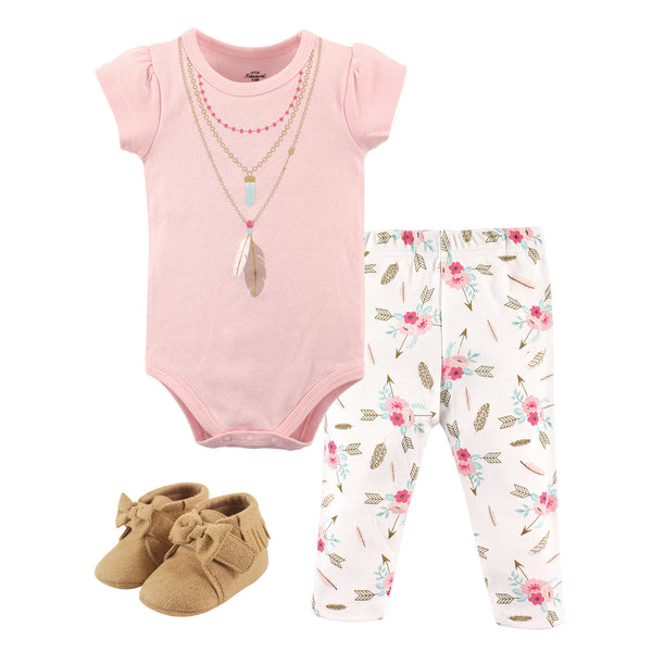 Little Treasure Baby Girl Cotton Bodysuit, Pant and Shoe 3 Piece Set, Boho