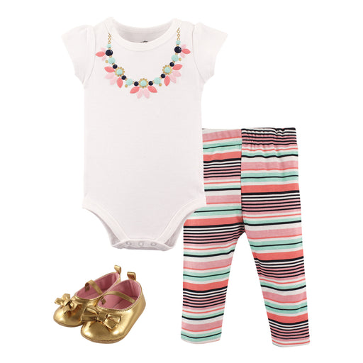 Little Treasure Baby Girl Cotton Bodysuit, Pant and Shoe 3 Piece Set, Sparkle Necklace