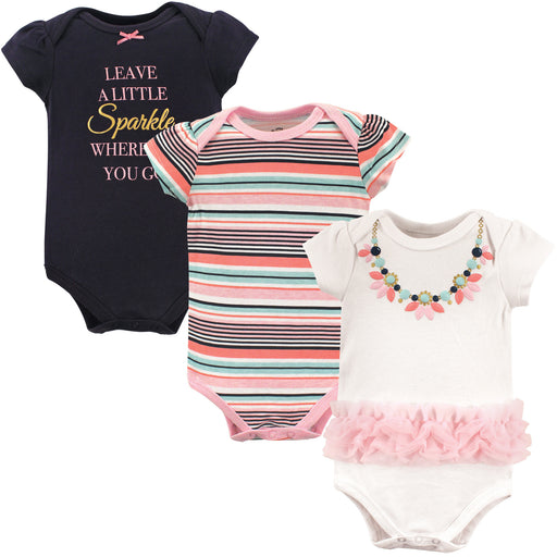 Little Treasure Baby Girl Cotton Bodysuits 3-Pack, Sparkle Necklace