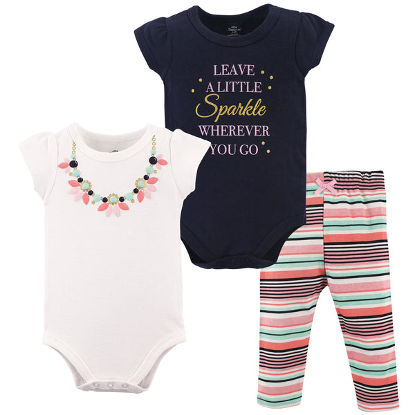 Little Treasure Baby Girl Cotton Bodysuit and Pant Set, Sparkle Necklace