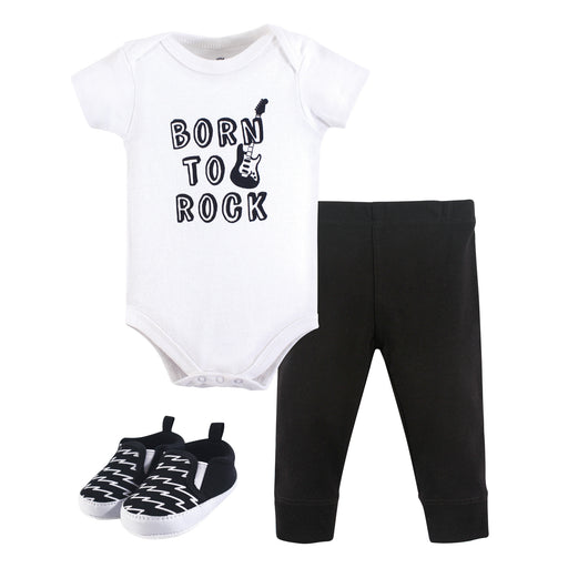 Little Treasure Baby Boy Cotton Bodysuit, Pant and Shoe 3 Piece Set, Born To Rock