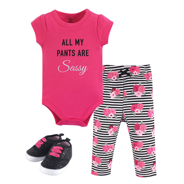 Little Treasure Baby Girl Cotton Bodysuit, Pant and Shoe 3 Piece Set, Sassy Pants