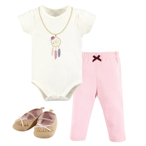 Little Treasure Baby Girl Cotton Bodysuit, Pant and Shoe 3 Piece Set, Dream Catcher