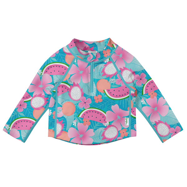 Green Sprouts Long Sleeve Zip Rashguard Shirt Aqua Tropical Fruit Floral