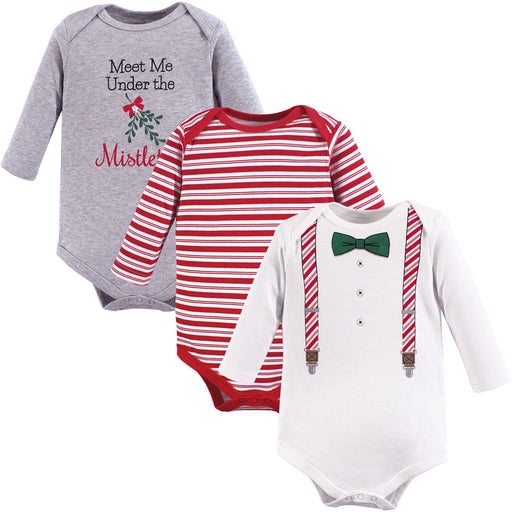 Little Treasure Baby Girl Cotton Long-Sleeve Bodysuits 3-Pack, Christmas Suspenders