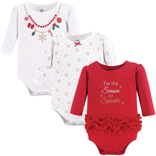 Little Treasure Baby Girl Cotton Long-Sleeve Bodysuits 3-Pack, Christmas Necklace