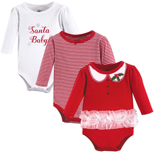 Little Treasure Baby Girl Cotton Long-Sleeve Bodysuits 3-Pack, Santa Baby