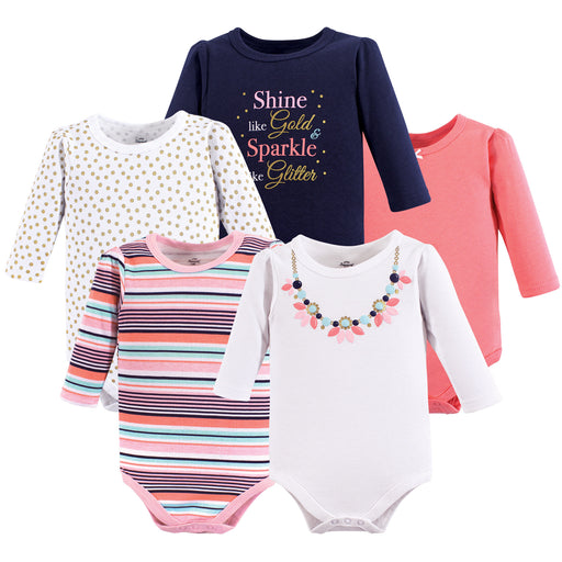 Little Treasure Baby Girl Cotton Long-Sleeve Bodysuits 5-Pack, Sparkle Necklace