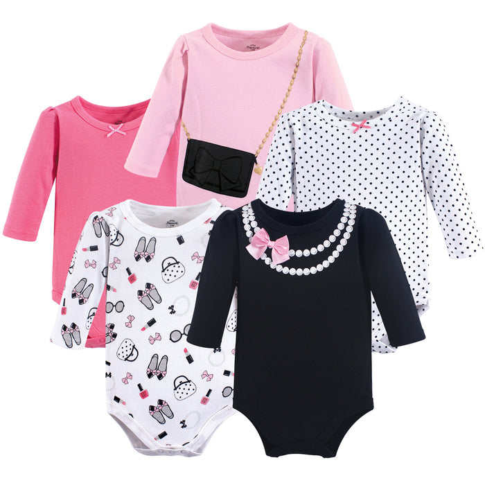 Little Treasure Baby Girl Cotton Long-Sleeve Bodysuits 5-Pack, Pearls