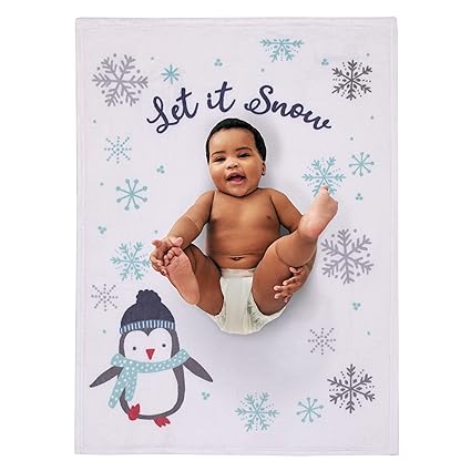NoJo Penguin White, Aqua, and Gray "Let it Snow" Christmas Photo Op Super Soft Baby Blanket