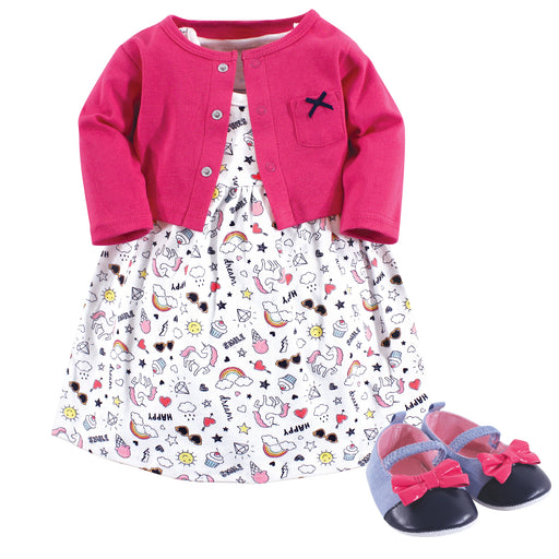 Little Treasure Baby Girl Cotton Dress, Cardigan and Shoe 3-Piece Set, Happy Rainbow