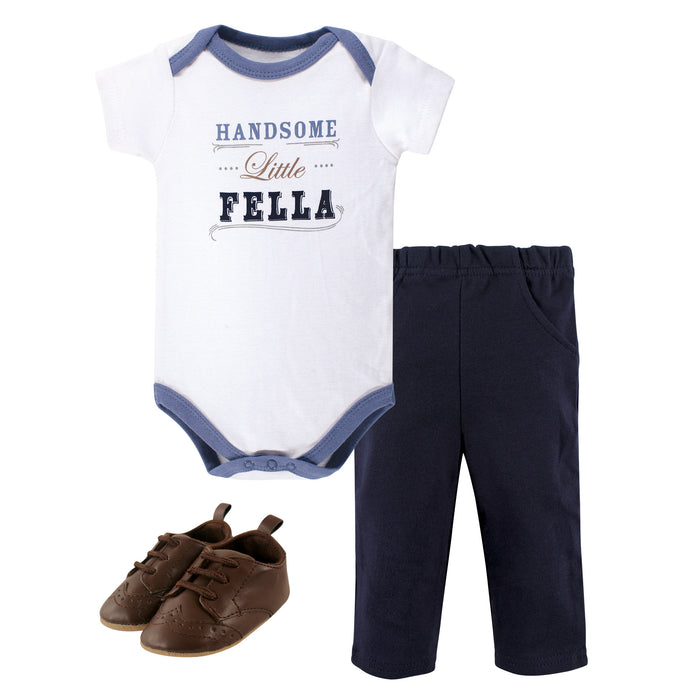 Little Treasure Boy Cotton Short-Sleeve Bodysuit, Pant and Shoe Set, Handsome Fella