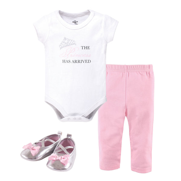 Little Treasure Baby Girl Cotton Bodysuit, Pant and Shoe 3 Piece Set, Princess