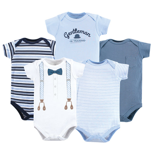 Little Treasure Baby Boy Cotton Bodysuits 5 Pack, Lt Blue Suspenders