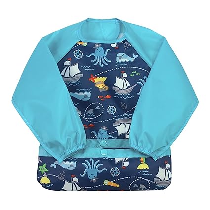 Green Sprouts Snap & Go Easy-wear Long Sleeve Bib 2T-4T Aqua Pirates