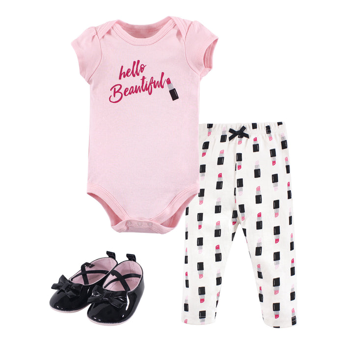 Little Treasure Baby Girl Cotton Bodysuit, Pant and Shoe 3 Piece Set, Lipstick