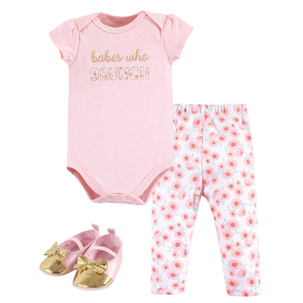 Little Treasure Baby Girl Cotton Bodysuit, Pant and Shoe 3 Piece Set, Brunch