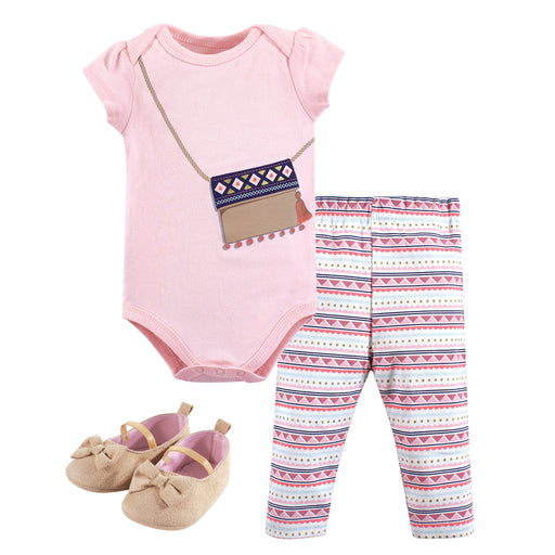 Little Treasure Baby Girl Cotton Bodysuit, Pant and Shoe 3 Piece Set, Free Spirit
