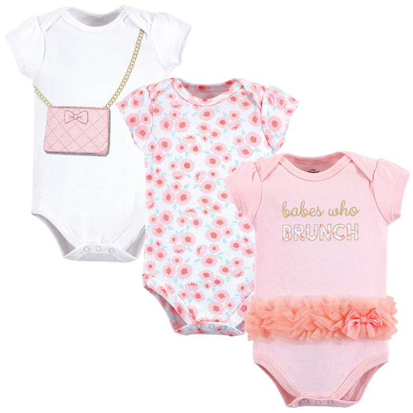 Little Treasure Baby Girl Cotton Bodysuits 3 Pack, Brunch