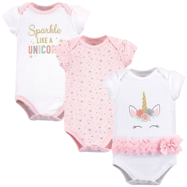 Little Treasure Baby Girl Cotton Bodysuits 3-Pack, Unicorn