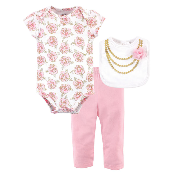 Little Treasure Baby Girl Bodysuit, Pant and Bib, Gold Roses