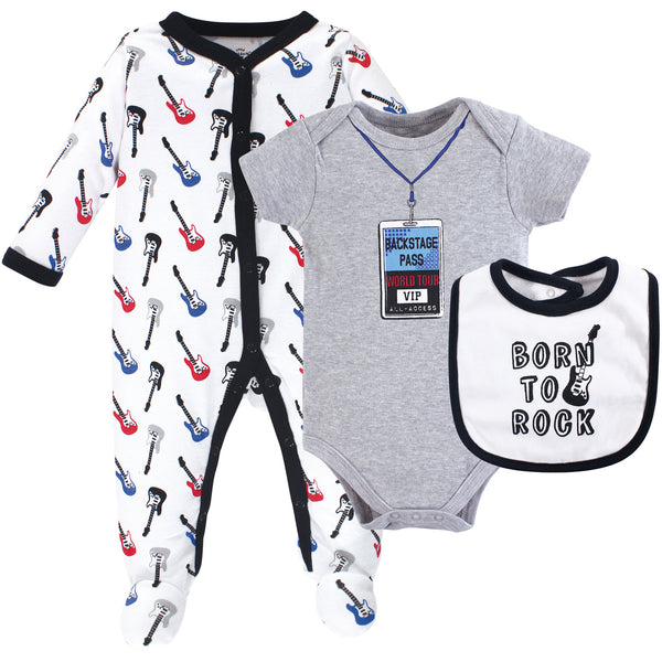 Little Treasure Baby Boy Sleep and Play, Bodysuit and Bib, Born To Rock