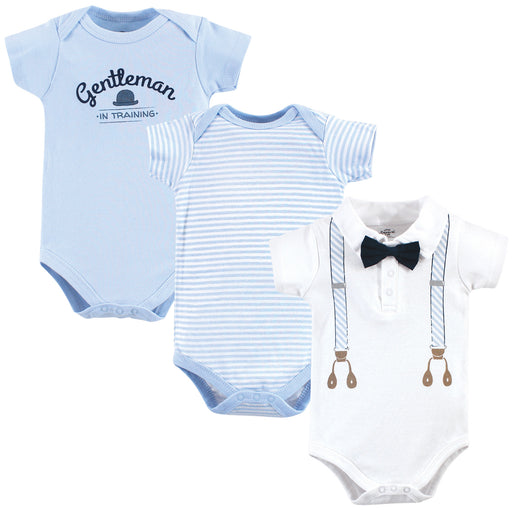 Little Treasure Baby Boy Cotton Bodysuits 3 Pack, Light Blue Suspenders