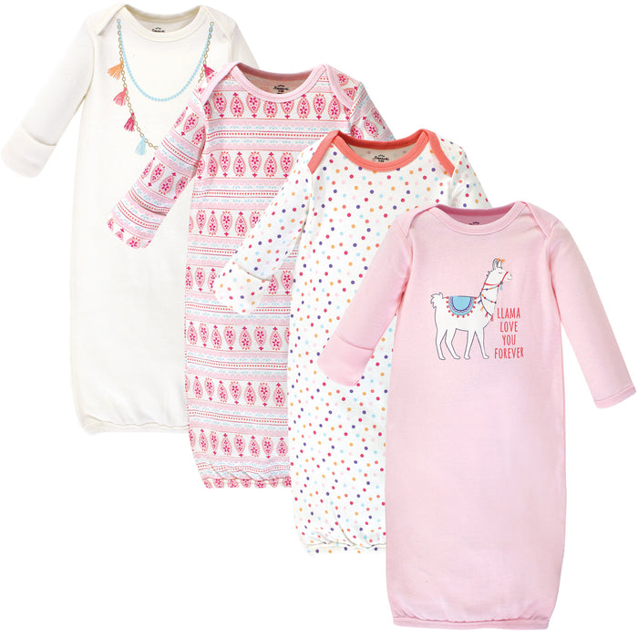 Little Treasure Baby Girl Cotton Long-Sleeve Gowns 4-Pack, Llama, 0-6 Months