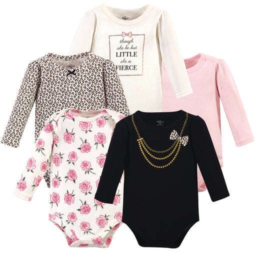 Little Treasure Baby Girl Cotton Long-Sleeve Bodysuits 5-Pack, Leopard Necklace