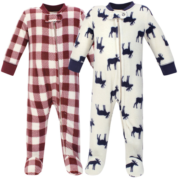 Little Treasure Baby Boy Fleece Zipper Sleep and Play 2 Pack, Moose