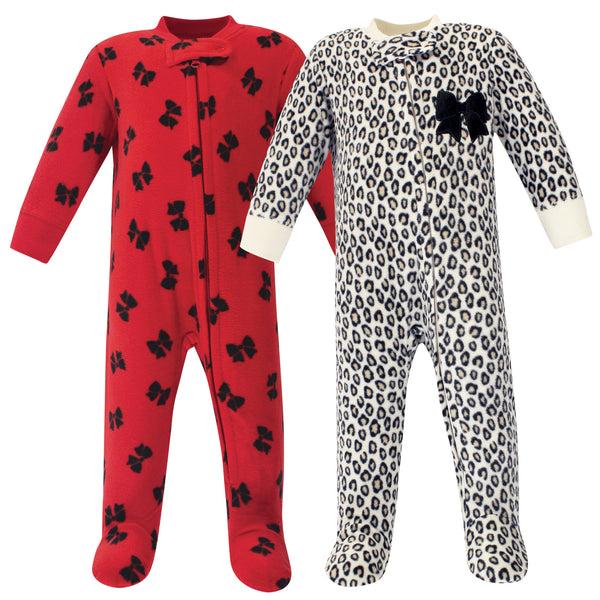 Little Treasure Baby Girl Fleece Zipper Sleep and Play 2-Pack, Leopard Bow