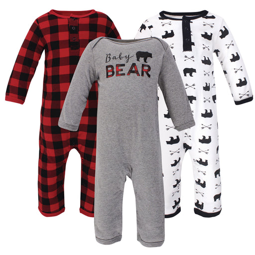 Little Treasure Baby Boy Cotton Coveralls 3 Pack, Baby Bear