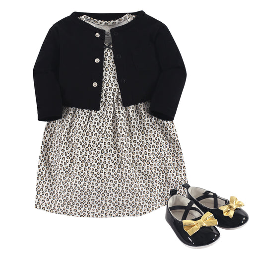Little Treasure Baby Girl Cotton Dress, Cardigan and Shoe 3-Piece Set, Leopard