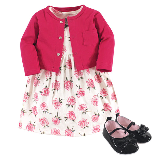 Little Treasure Baby Girl Cotton Dress, Cardigan and Shoe 3-Piece Set, Rose