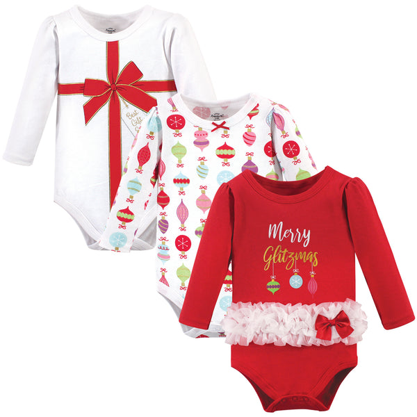 Little Treasure Baby Girl Cotton Long-Sleeve Bodysuits 3-Pack, Glitzmas