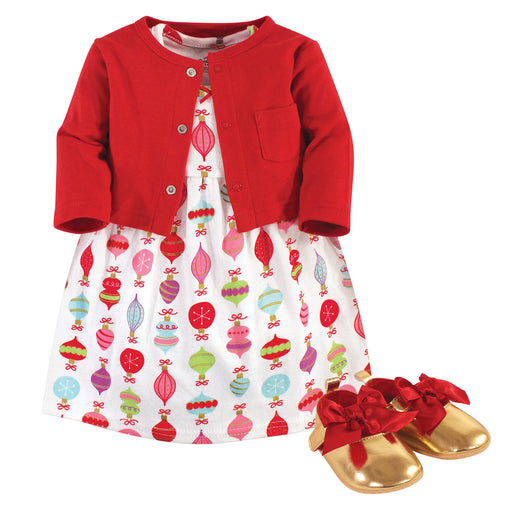 Little Treasure Baby Girl Cotton Dress, Cardigan and Shoe 3-Piece Set, Glitzmas