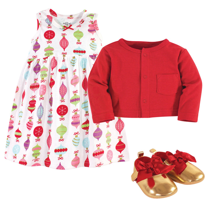 Little Treasure Baby Girl Cotton Dress, Cardigan and Shoe 3-Piece Set, Glitzmas