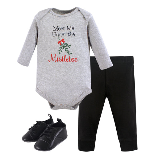 Little Treasure Baby Boy Cotton Bodysuit, Pant and Shoe 3 Piece Set, Mistletoe