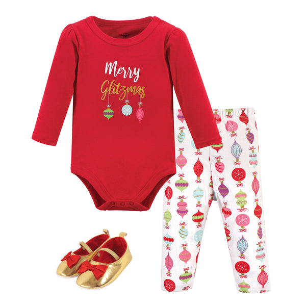 Little Treasure Baby Girl Cotton Bodysuit, Pant and Shoe 3 Piece Set, Glitzmas