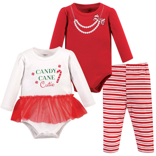 Little Treasure Baby Girl Cotton Bodysuit and Pant Set, Candy Cane Cutie