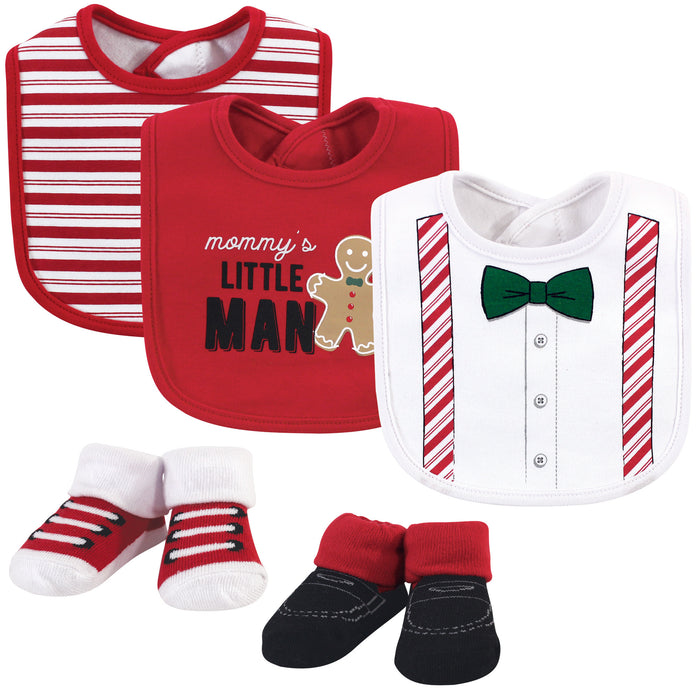 Little Treasure Baby Boy Cotton Bib and Sock Set 5 Pack, Christmas Suspenders, One Size