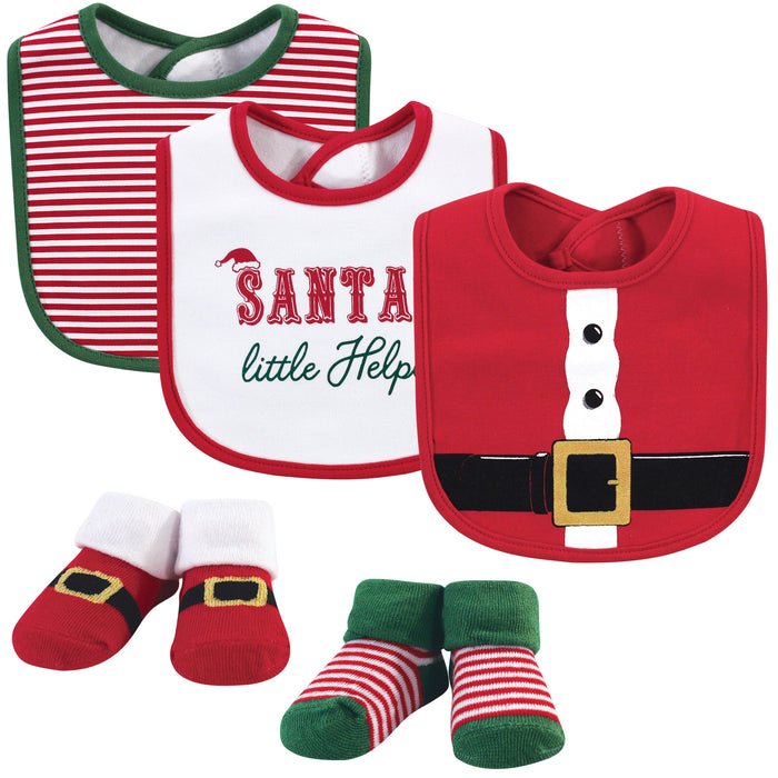 Little Treasure Baby Boy Cotton Bib and Sock Set 5 Pack, Santa, One Size