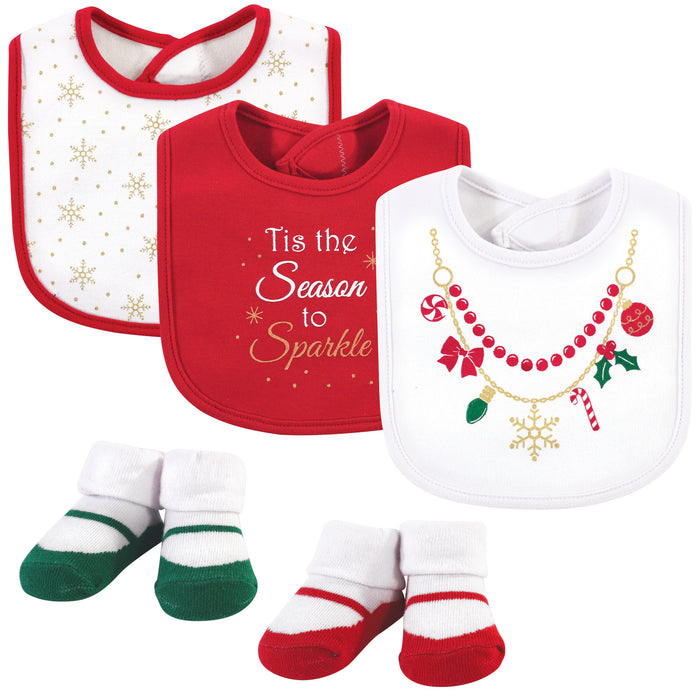 Little Treasure Baby Girl Cotton Bib and Sock Set 5 Pack, Christmas Necklace