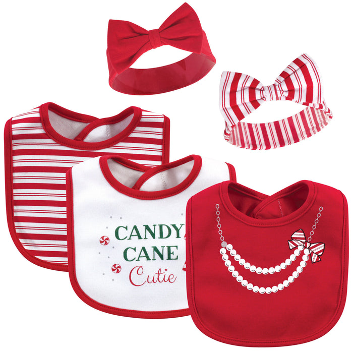 Little Treasure Cotton Bib and Headband Set 5 Pack, Candy Cane Cutie