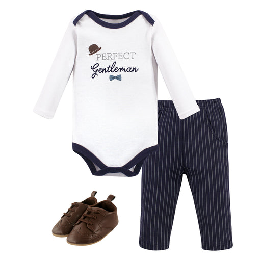 Little Treasure Baby Boy Cotton Bodysuit, Pant and Shoe 3 Piece Set, Gentleman Navy